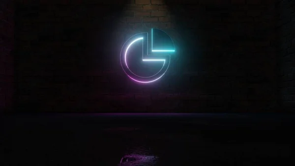 3D rendering of blue violet neon symbol of pie chart icon on brick wall — ストック写真