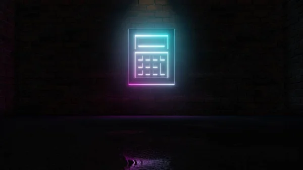 3D rendering of blue violet neon symbol of calculator icon on brick wall — ストック写真