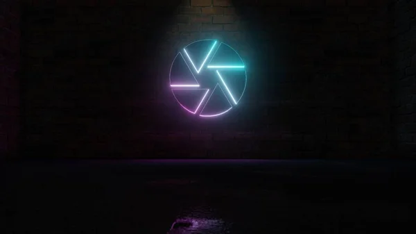 3D rendering of blue violet neon symbol of camera aperture icon on brick wall — ストック写真