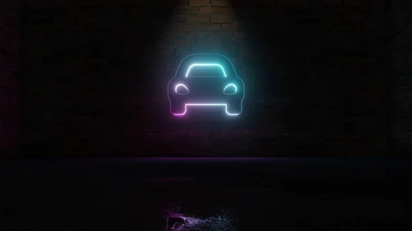 3D renderização de azul símbolo de néon violeta de carro esporte ícone na parede de tijolo — Fotografia de Stock