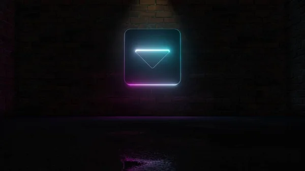 3D rendering of blue violet neon symbol of caret square down icon on brick wall — ストック写真