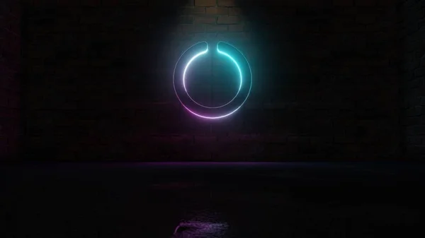 3D rendering of blue violet neon symbol of circle notch icon on brick wall — ストック写真