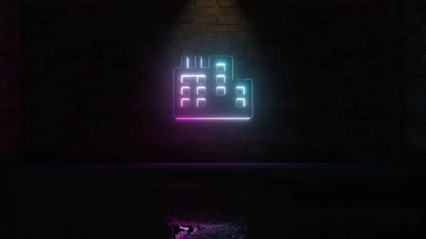 Redare 3D a simbolului albastru violet neon al pictogramei orașului pe peretele de cărămidă — Fotografie, imagine de stoc