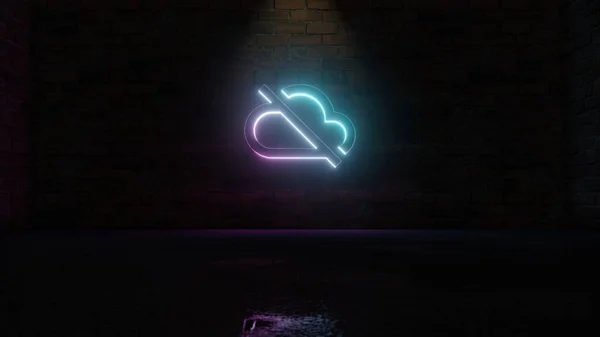 3D rendering of blue violet neon symbol of disable cloud icon on brick wall — ストック写真