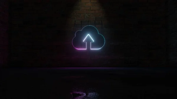 3D rendering of blue violet neon symbol of upload to cloud icon on brick wall — ストック写真
