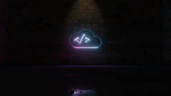 3D rendering of blue violet neon symbol of cloud computing with tag icon on brick wall — 스톡 사진