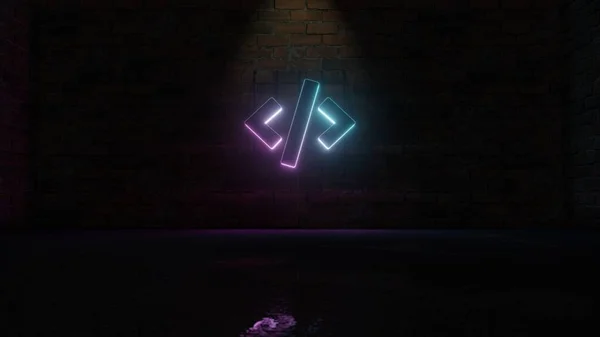 3D rendering of blue violet neon symbol of code tag icon on brick wall — ストック写真