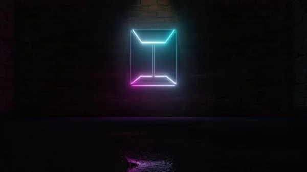 3D rendering of blue violet neon symbol of sealed envelope icon on brick wall — ストック写真