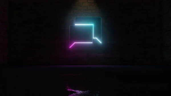 3D-Rendering von blauviolettem Neon-Symbol des rechteckigen Chat-Blasen-Symbols an der Ziegelwand — Stockfoto