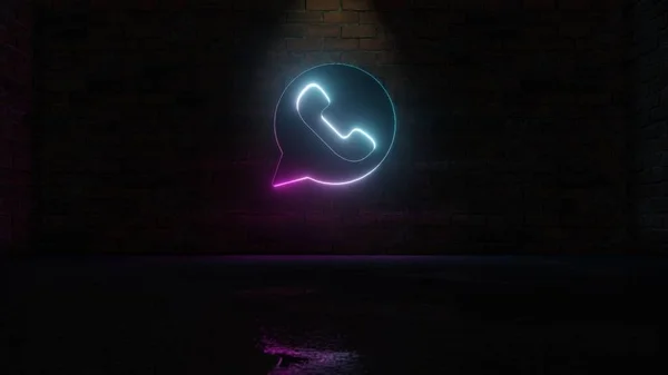 Representación 3D de azul violeta neón símbolo de la comunicación icono de WhatsApp en la pared de ladrillo —  Fotos de Stock