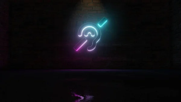 3D rendering of blue violet neon symbol of deaf icon on brick wall — 스톡 사진