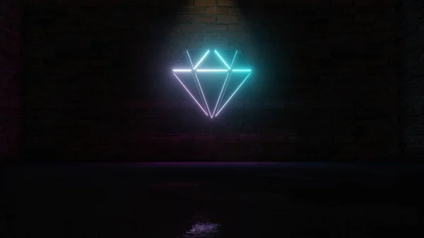 レンガの壁にダイヤモンドアイコンの青紫色のネオンシンボルの3Dレンダリング — ストック写真