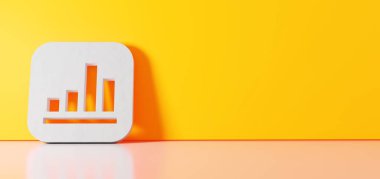 Finansal uygulama simgesinin üç boyutlu görüntülemesi sağ tarafında boş alan olan zemin yansıması ile renk duvarına yaslanıyor