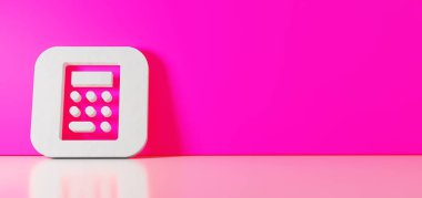 Hesap makinesi uygulama simgesinin üç boyutlu görüntülemesi sağ tarafında boş alan olan zemin yansıması ile renk duvarına dayanan simge