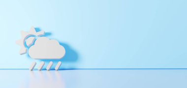 Bulut güneş yağmur ikonunun beyaz sembolünün 3D görüntüsü sağ tarafında boş alan olan zemin yansıması ile renk duvarına yaslanıyor