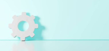 Renk duvarına yaslanmış, sağ tarafında boşluk olan beyaz çark simgesinin 3d görüntülenmesi