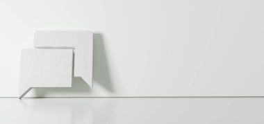 Dikdörtgen sohbet baloncukları simgesinin 3d görüntülenmesi sağ tarafında boş alan olan zemin yansıması ile renk duvarına dayanan simge