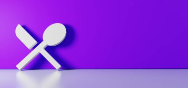 Çatal bıçak simgesinin üç boyutlu görüntülemesi sağ tarafında boş alan olan zemin yansıması ile renk duvarına yaslanıyor