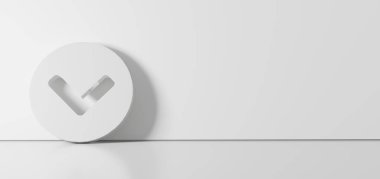 Sembol çemberinin beyaz sembolünün 3 boyutlu görüntülenmesi simge üzerine yaslanarak renk duvarına yaslanarak sağ tarafında boşluk ile zemin yansıması