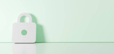 Kilitli asma kilit simgesinin 3D görüntülemesi sağ tarafında boş alan olan zemin yansıması ile renk duvarına yaslanıyor