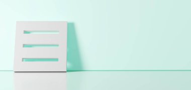 Menü simgesinin 3d görüntülemesi sağ tarafında boş alan olan zemin yansıması ile renk duvarına yaslanıyor