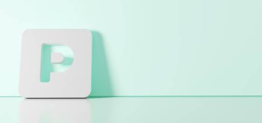 Otopark simgesinin üç boyutlu görüntülemesi sağ tarafında boş alan olan zemin yansıması ile renk duvarına yaslanıyor