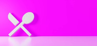 Restoran simgesinin 3D görüntülemesi sağ tarafta boş alan ve zemin yansıması olan renk duvarına yaslanıyor