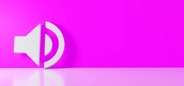 Ses simgesinin 3 boyutlu görüntülemesi sağ tarafta boş alan ve zemin yansıması olan renk duvarına yaslanıyor