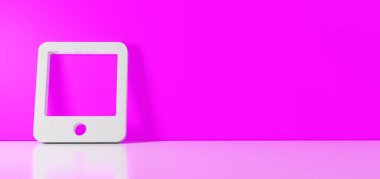 Tabletin beyaz sembolünün 3d görüntülenmesi sağ tarafında boş alan ile renk duvarına dayanan alt simge