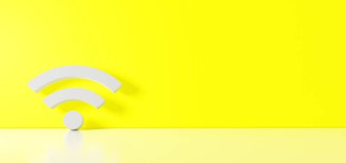 Wi-Fi simgesinin 3 boyutlu görüntülemesi sağ tarafta boş alan ve zemin yansıması olan renk duvarına dayanır