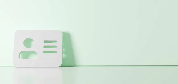 Representación 3D del símbolo blanco del icono de la tarjeta de dirección apoyado en la pared de color con reflejo del suelo con espacio vacío en el lado derecho —  Fotos de Stock