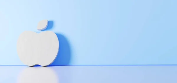 Renderização 3D do símbolo branco do ícone da maçã apoiado na parede de cores com reflexão no chão com espaço vazio no lado direito — Fotografia de Stock