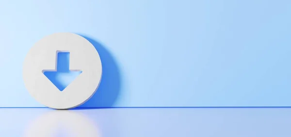 Representación en 3D del símbolo blanco de la flecha hacia abajo en el icono del círculo apoyado en la pared de color con reflejo del suelo con espacio vacío en el lado derecho —  Fotos de Stock