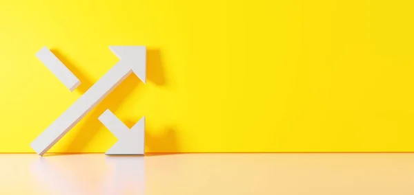 3D визуализация белого символа диагональных стрелок, опирающихся на цветовую стену с отражением пола с пустым пространством справа — стоковое фото