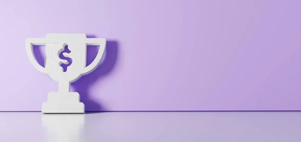 3D рендеринг белого символа кубка награды иконка опираясь на цветовую стену с отражением пола с пустое пространство с правой стороны — стоковое фото
