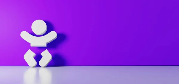 Renderização 3D do símbolo branco do ícone do bebê apoiado na parede de cores com reflexão no chão com espaço vazio no lado direito — Fotografia de Stock