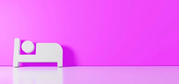 3D renderização do símbolo branco do ícone da cama inclinado na parede de cor com reflexão chão com espaço vazio no lado direito — Fotografia de Stock