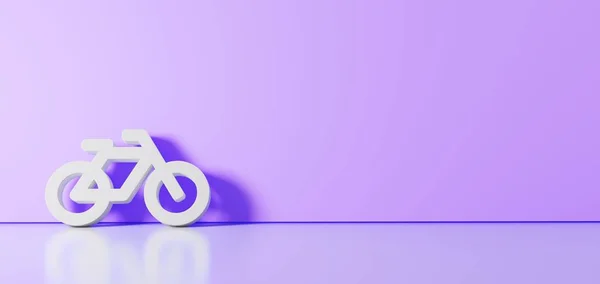 3d weergave van wit symbool van fiets zonder ruiter pictogram leunend op kleur muur met vloerreflectie met lege ruimte aan de rechterkant — Stockfoto