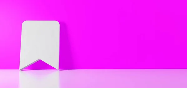 3D рендеринг белого символа значка закладки, опирающегося на цветную стену с отражением пола с пустым пространством справа — стоковое фото