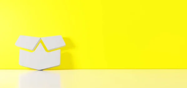 3D-Wiedergabe des weißen Symbols des geöffneten Kastens, angelehnt an eine farbige Wand mit Bodenreflexion mit Leerraum auf der rechten Seite — Stockfoto