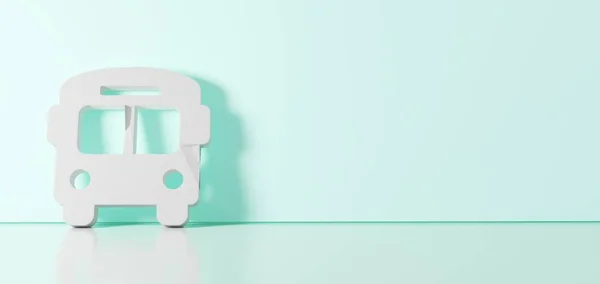 Representación 3D del símbolo blanco del icono del autobús apoyado en la pared de color con reflejo del suelo con espacio vacío en el lado derecho —  Fotos de Stock