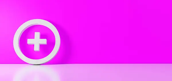 3D rendering of white symbol of circle with plus icon leaning on color wall with floor reflection with empty space on right side — 스톡 사진