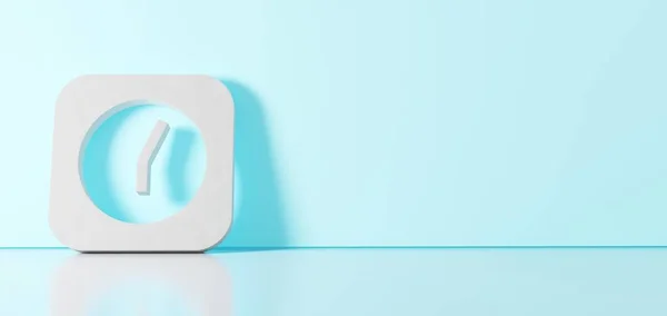 3D-Wiedergabe des weißen Symbols des Weckersymbols, das sich an die farbige Wand lehnt, mit Bodenreflexion mit Leerraum auf der rechten Seite — Stockfoto