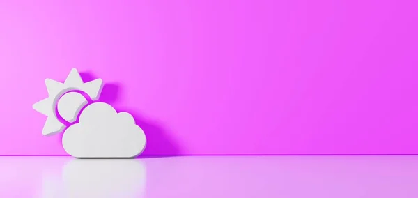 Rendu 3D du symbole blanc de l'icône du soleil nuage appuyé sur le mur de couleur avec réflexion au sol avec espace vide sur le côté droit — Photo