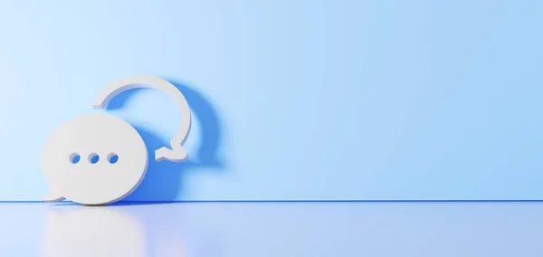 3D-Rendering des weißen Symbols der abgerundeten Chat-Blasen-Symbol lehnt an der Farbwand mit Bodenreflexion mit Leerraum auf der rechten Seite — Stockfoto