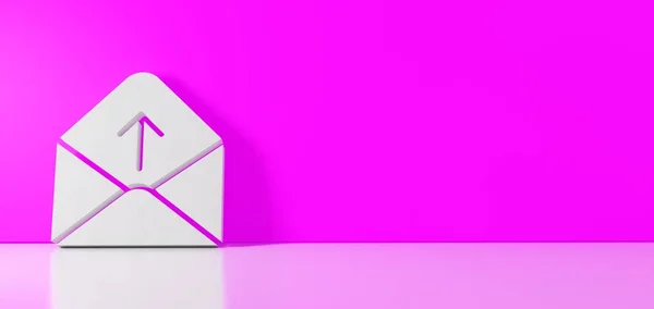 3D рендеринг белого символа бумаги открытого конверта иконка опирается на цветную стену с отражением пола с пустым пространством с правой стороны — стоковое фото