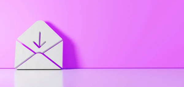 3D rendering of white symbol of paper open envelope icon leaning on color wall with floor reflection with empty space on right side — 스톡 사진