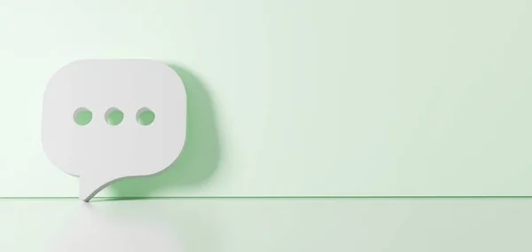 3D vykreslování bílého symbolu zaoblené bubliny chatu ikony opírající se o barevnou stěnu s odleskem podlahy s prázdným prostorem na pravé straně — Stock fotografie