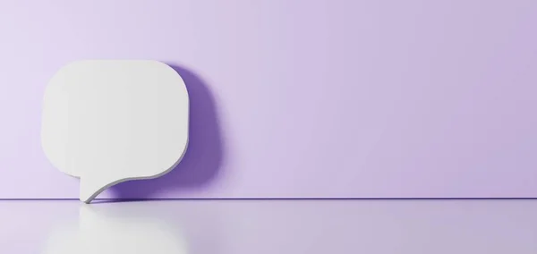 3d renderelés fehér szimbóluma lekerekített chat buborék ikon támaszkodik a színes fal padló tükröződés üres hely a jobb oldalon — Stock Fotó
