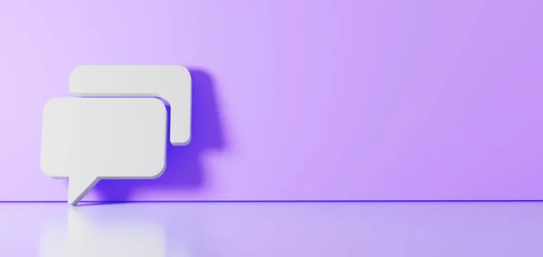 Representación en 3D del símbolo blanco de dos burbujas de chat redondeadas rectangulares icono apoyado en la pared de color con la reflexión del suelo con espacio vacío en el lado derecho —  Fotos de Stock
